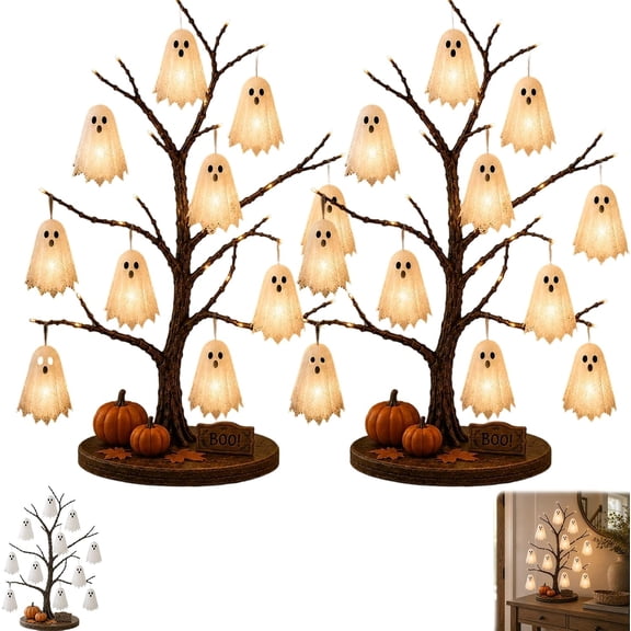 Glowing Ghost Tree Halloween Tabletop Decor, LED Lighted Halloween Tree with Hanging Ghost Ornaments, Spooky Table Centerpiece for Home, Fireplace Mantel, Party, Indoor Halloween Decorations