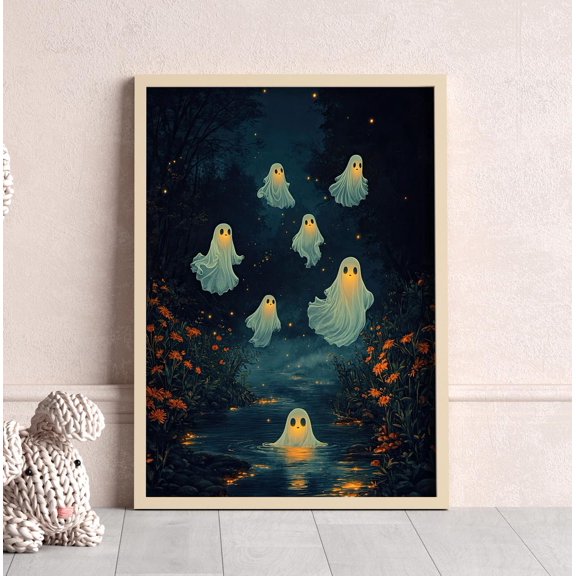 Glowing Ghosts Floating In Dark Night Sky Spooky Forest River Scene Ethereal Decor Mystical Floral Wall Art Print
