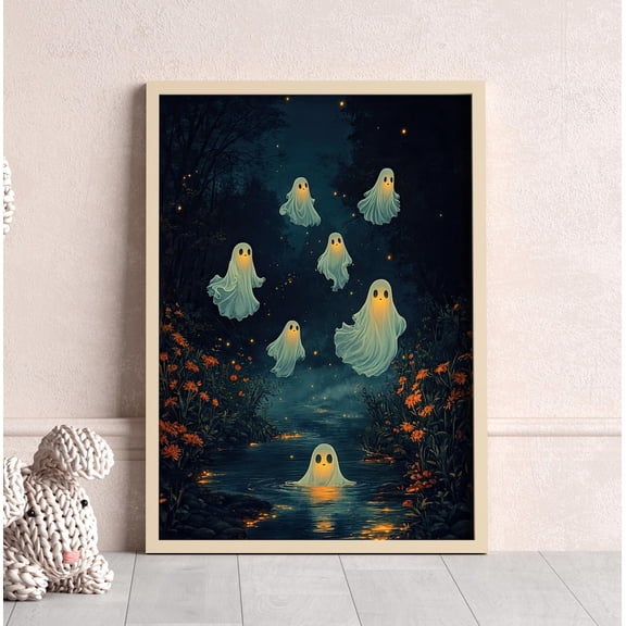 Glowing Ghosts Floating in Dark Night Sky Spooky Forest River Scene Ethereal Decor Mystical Floral, Unframed Poster