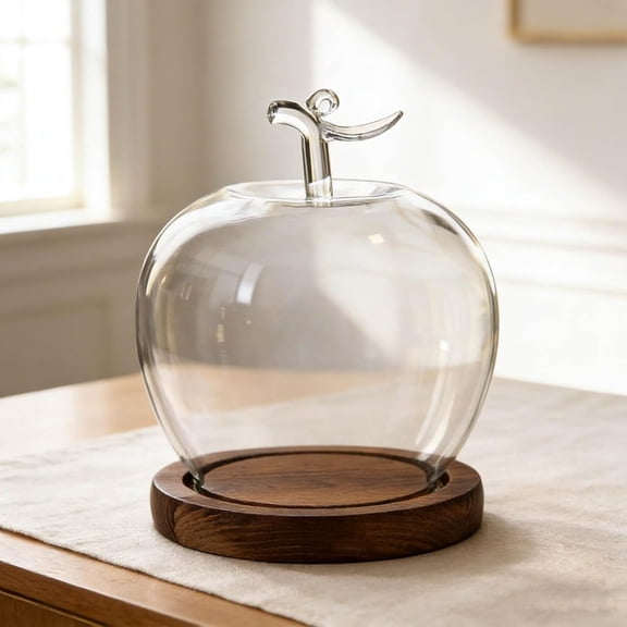 2026 New Glowing Glass Apples Case Decorative Display Cloche, Clear Glass Apples Dome with Wooden Base for Tabletop Home Decor and Gift Styling