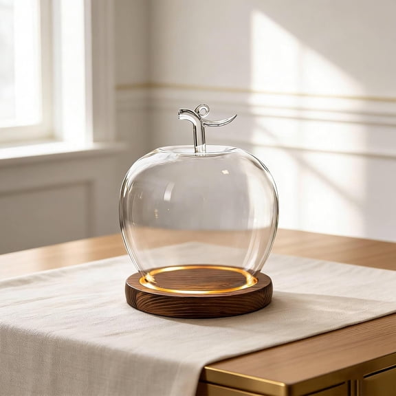 Glowing Glass Apples Case Decorative Display Cloche, Clear Glass Apples Dome with Wooden Base for Tabletop Home Decor and Gift Styling
