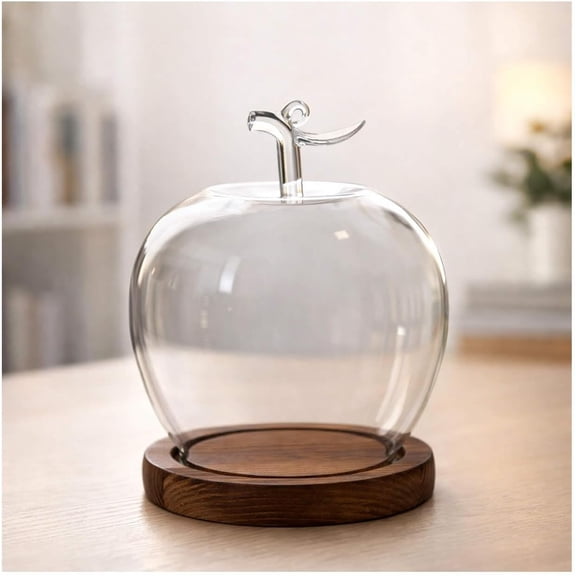 Glowing Glass Apples Case – Glass Apple Dome with Wooden Base, Transparent Apple-Shaped Display Cover for Flowers, Rings & Mini Keepsakes, Valentine’s Day Gift Decor