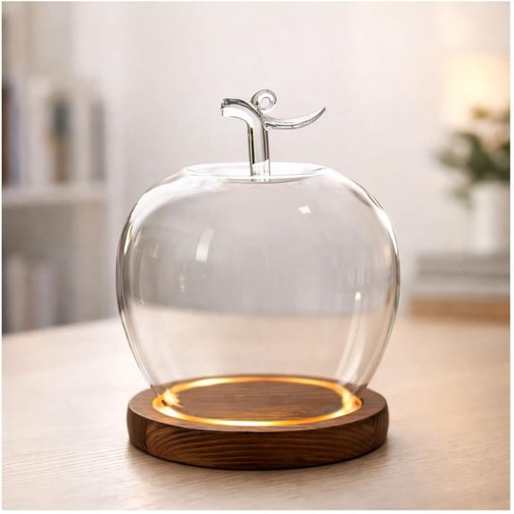 Glowing Glass Apples Case – Glass Apple Dome with Wooden Base, Transparent Apple-Shaped Display Cover for Flowers, Rings & Mini Keepsakes, Valentine’s Day Gift Decor