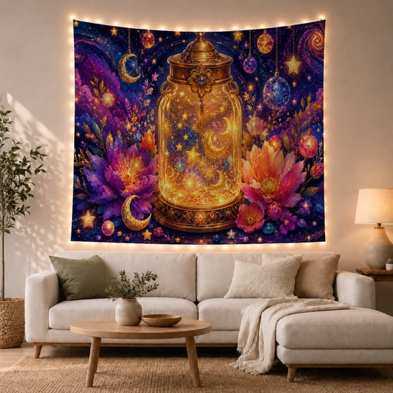 Glowing Glass Jar in Galactic Background, Dreamy Fantasy for Art Lovers, Romantic Celestial Decor, Birthday Gift, Tapestry Wall Hanging for Bedroom and Living Room