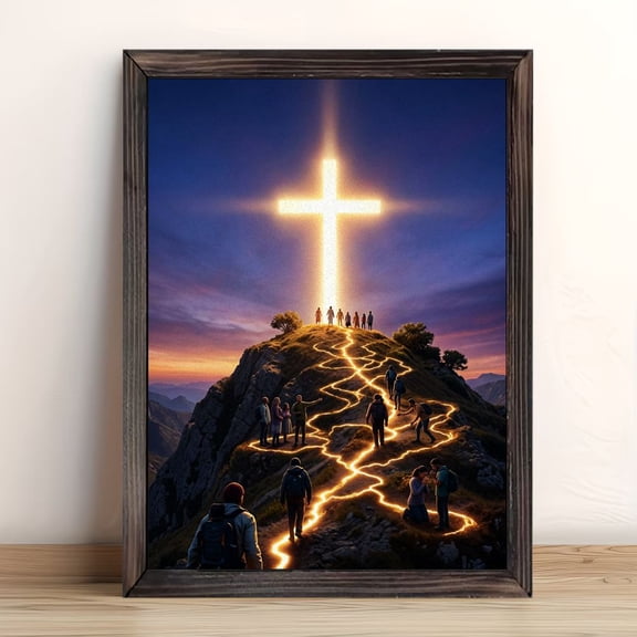 Glowing Golden Cross Mountain Trail Hikers Sunset Sky Framed Wall Art, Solid Wood Frame Inspirational Spiritual Landscape Art Print, Faith Wall Decor for Prayer Nook Bedroom, 12x16in