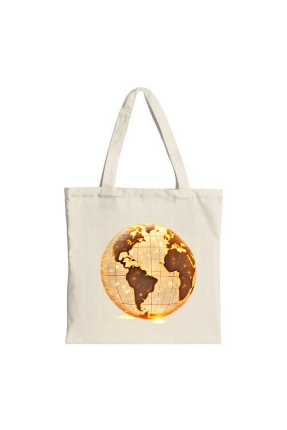 Glowing Golden Globe Tote Bag - Radiant Design of Continents & Oceans Perfect for Shopping Travel & Parties Eco-Friendly Canvas