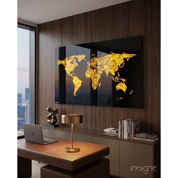 Glowing Golden World Map Glass Wall Art