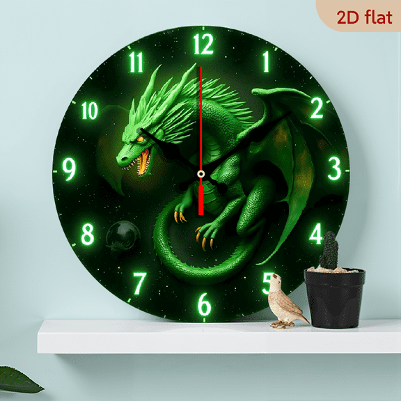 Glowing Green Dragon Wall Clock, Mythical Creature in Starry Space, Fantasy Art Decor, Eye-Catching Timepiece for Dragon & Sci-Fi Fans in Bedroom & Office