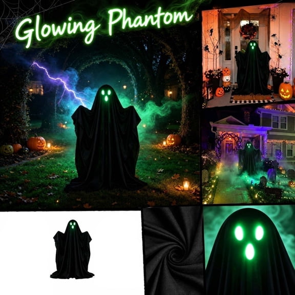 Glowing Halloween Black Ghost Standing Garden Decor, 40" Green Eyes Spooky Phantom Halloween Statues, Creepy Outdoor Yard Lawn Front Porch Haunted House Props