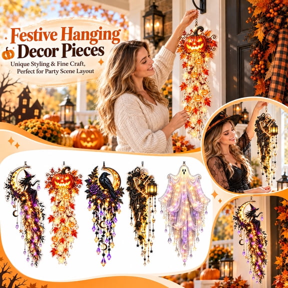 Glowing Halloween Door Hanger, Midnight Crow,Warm Lighted Vertical Holiday Hanging Decor with Festive Accents for Front Door Side, Entryway and Wall
