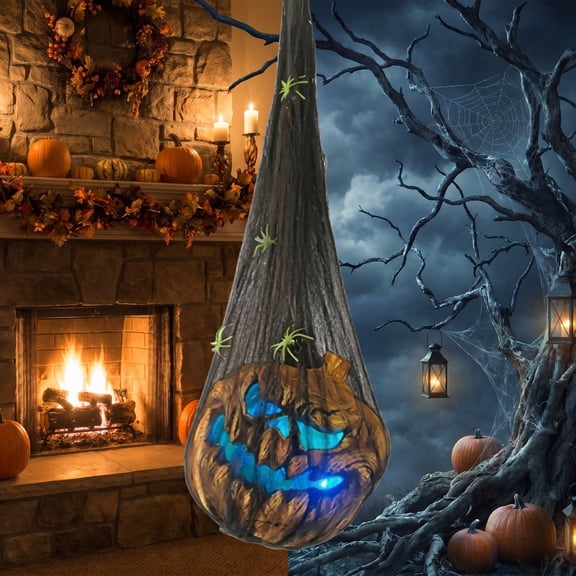Glowing Halloween Hanging Pumpkin Decoration Vintage Cracked Texture With Black Gauze And LED Light Plastic 65Cm