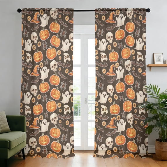 Glowing Halloween Icons Pattern Sheer Curtains, Sheer Window Panels ...