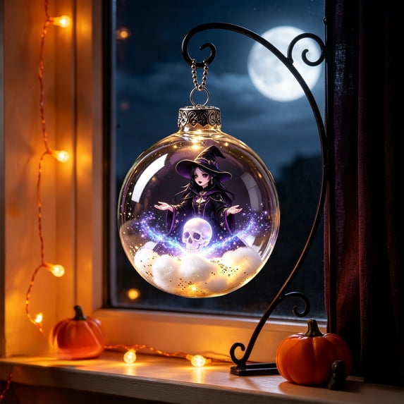 Glowing Halloween Story Ornament,3.15 inch Transparent Hanging Balls with Exquisite Holiday Scene Pattern and Warm LED Lights,Party Hanging Decor
