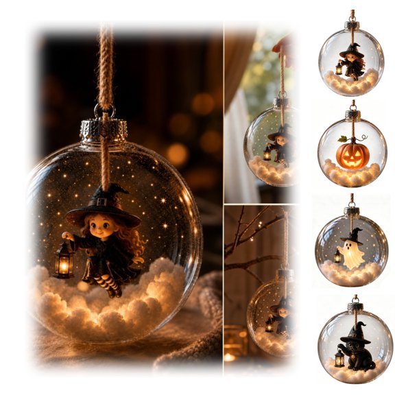 Glowing Halloween Story Ornaments,3.15 inch Clear Hanging Ball with Built-in 2D Exquisite Holiday Scence Pattern and Warm LED Lights,Festival Tree Decor