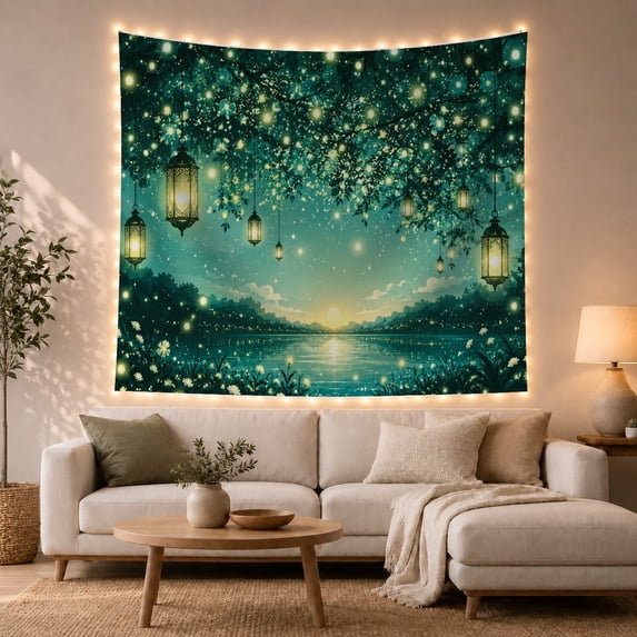 Glowing Hanging Lanterns Over a Teal Lake, Dreamy Fantasy for Nature Lovers, Tranquil Scenery Art Housewarming Gift, Tapestry Wall Hanging for Bedroom and Living Room