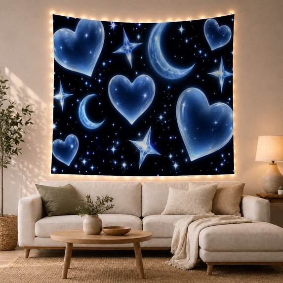 Glowing Hearts and Crescent Moons on Starry Night Sky, Ethereal Romantic Fantasy for Space Lovers, Celestial Wall Art, Housewarming Gift Tapestry Wall Hanging for Bedroom, Living Room and Dorm