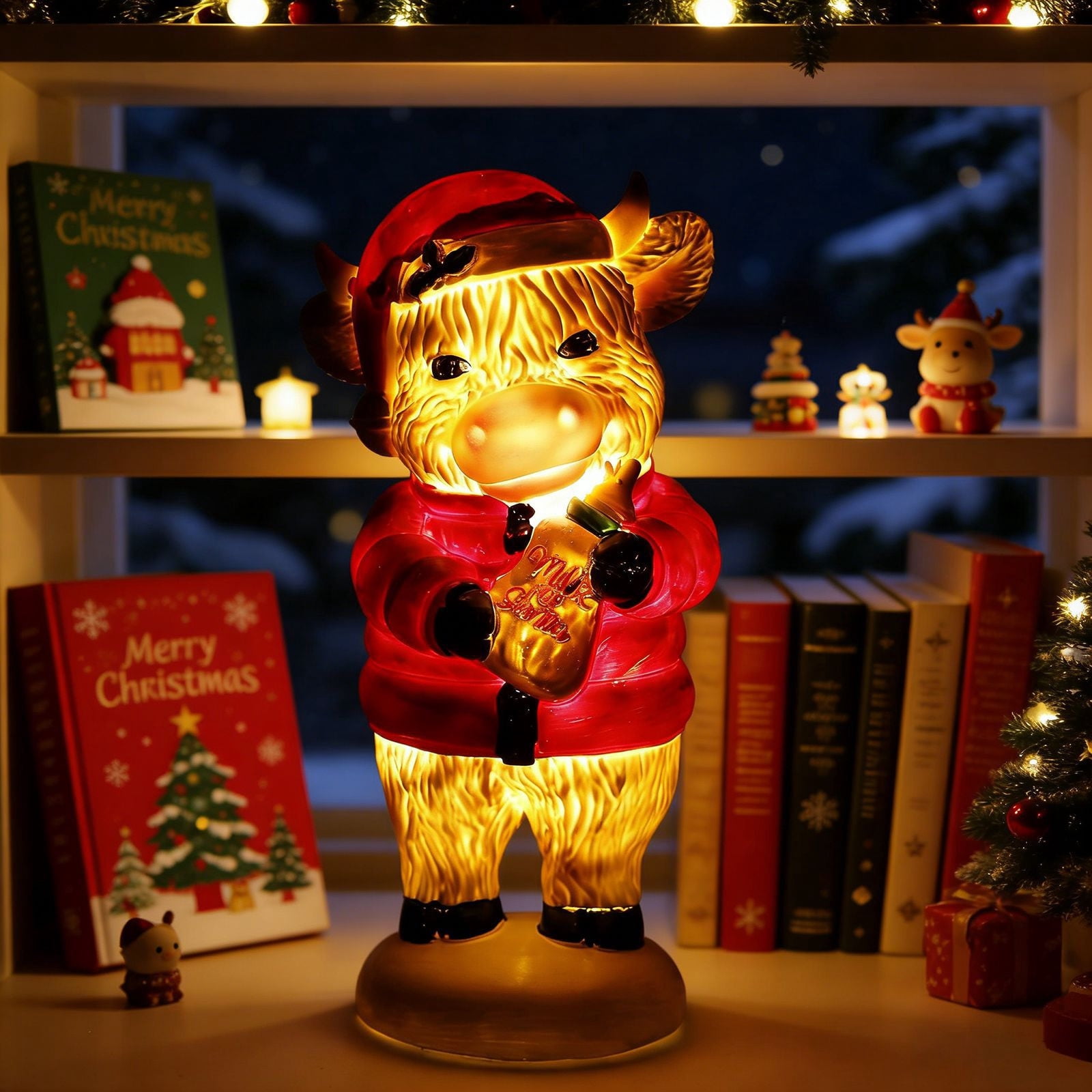 Glowing Highlands Cow Statue, Highlands Cow Resin Crafts Figurine, Desktop Ornament Unique Figurine Party Supplies Christmas Decoration for Indoor Dining Room Cabinet Decor