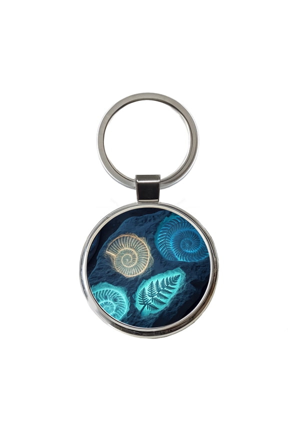 Glowing Holographic Style Fossil Imprints Metal Round Keychain