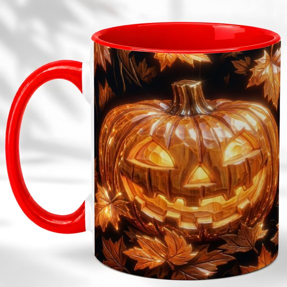 Glowing Jack O Lantern Coffee Mug, Autumn Leaves Mug, Ceramic 11 oz