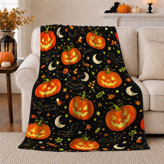 Glowing Jack-O'-Lantern Halloween Pattern Cartoon Illustration, Festive Halloween Scene, Warm Flannel Blanket for Living Room and Family Room, Art Lovers Halloween Gift, Festive Home Decor