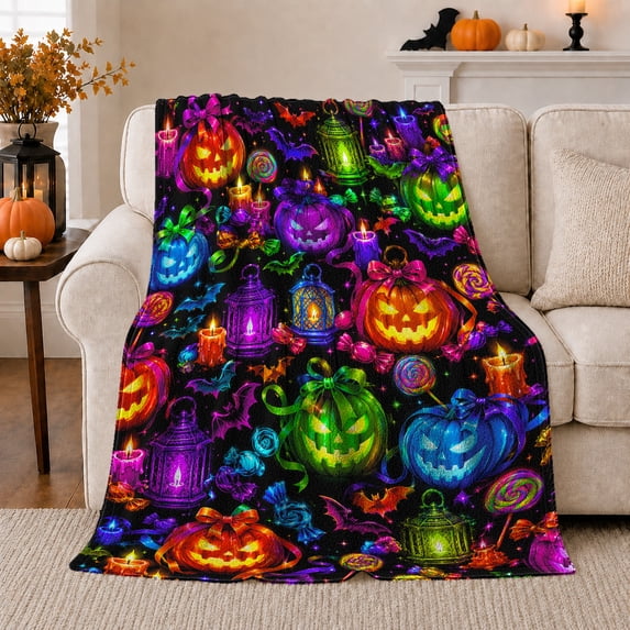 Colorful Halloween Pumpkin Pattern Print, Vivid And Dramatic Spooky Pattern for Colorful Halloween Enthusiasts, Halloween Gift, Cozy Flannel Blanket and Home Decor for Living Room and Bedroom