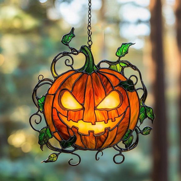 Glowing Jack-o'-Lantern Acrylic Suncatcher - Faux Stained Glass Halloween Window Hanging - Spooky Fall Decor Gift for Her or Him