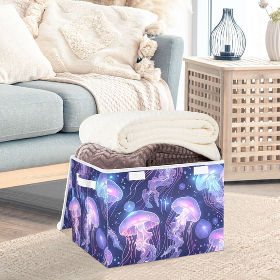 Glowing Jellyfish Bubbles Storage Basket Foldable Laundry Basket Shelf Kids Toy Storage Container Organizer with Handles
