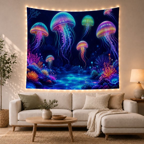Glowing Jellyfish Over Deep Navy Reef, Mystical Psychedelic for Ocean Lovers, Fantasy Marine Wall Decor, Halloween Gift, Tapestry Wall Hanging for Bedroom and Living Room