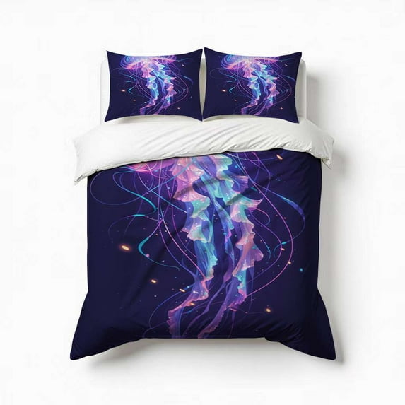 Glowing Jellyfish Floating In Sea Bedding Set 3 Pcs Soft Microfiber Quilt Cover For Bedroom Decor, Comforter Cover With 2 Pillowcase