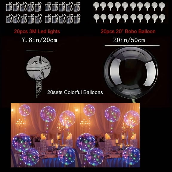 Glowing LED Bubble Balloon Set - 40 Packs with 20 Balloons & 20 LED Lights, Battery Operated for Birthday Wedding Christmas Halloween Party Decoration