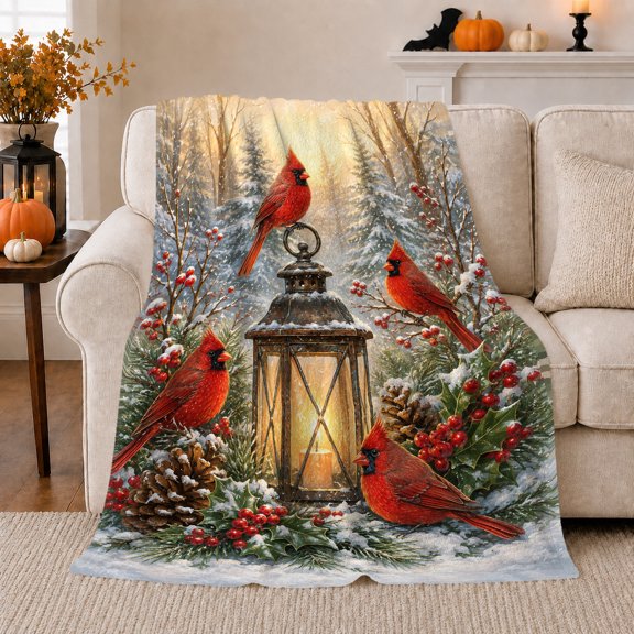 Glowing Lantern Cardinals Snowy Pines Peaceful Rustic, Festive Holiday Scene, Warm Flannel Blanket for Living Room and Reading Nook, Art Lovers Friendship Gift, Festive Home Decor