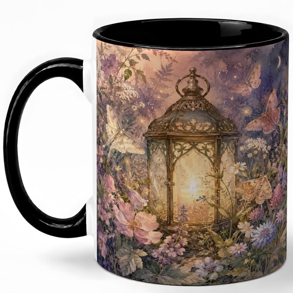 Glowing Lantern Coffee Mug, Night Garden Mug for Women, Watercolor Lantern with Moths, Flowers and Moonlight, Cozy Fantasy Gift, Ceramic 11 Oz Cup