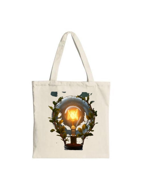 Glowing Light Bulb & Green Leaves Tote Bag - Eco-Friendly Canvas Perfect for Shopping Travel & Parties Symbolizing Innovation