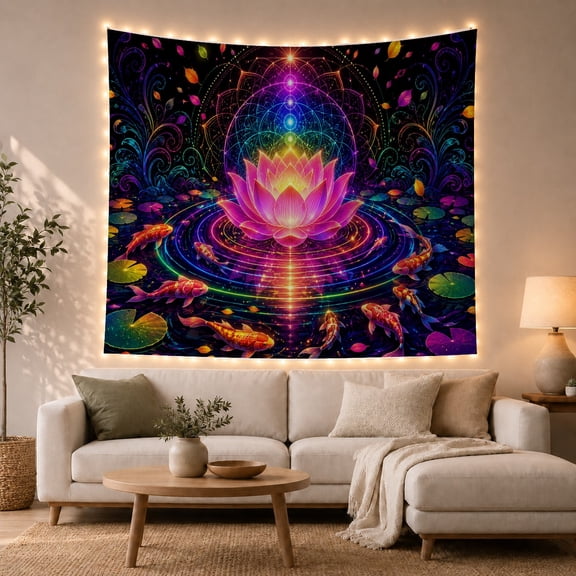 Glowing Lotus on Cosmic Water, Serene Psychedelic Style for Meditation Enthusiasts, Spiritual Wall Decor, New Home Gift, Tapestry Wall Hanging for Meditation Room and Bedroom