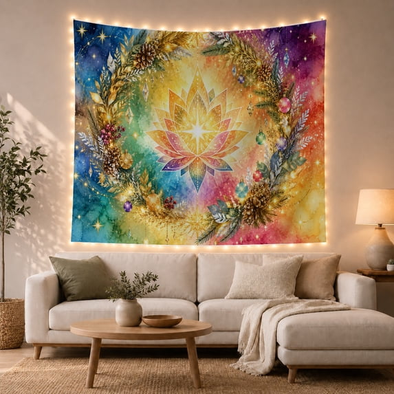 Glowing Lotus in Evergreen Wreath with Festive Ornaments, Mystical Boho for Meditation Enthusiasts, Spiritual Art Wall Decor, Christmas Gift Tapestry Wall Hanging for Yoga Room and Living Room