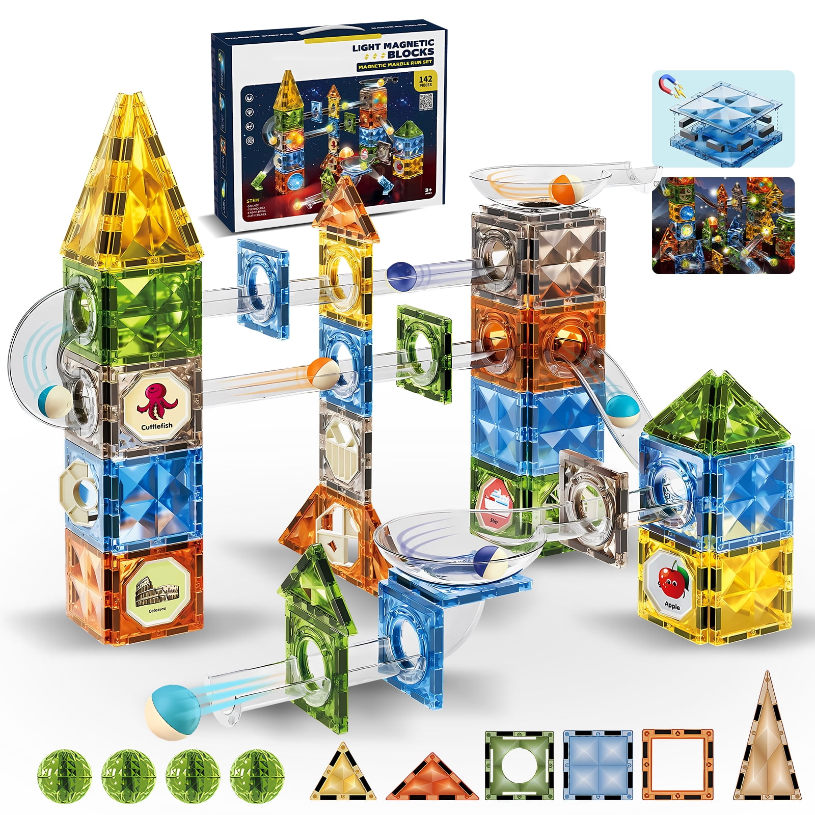 Glowing Magnetic Marble Run Set 142PCS, STEM Educational Magnet ...