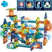 Glowing Magnetic Tiles Building Blocks Marble Run Race Track Set - 110 Complete Pieces Glow in the Dark STEM Light Magnetic Building Blocks and Gravity Maze Games for Toddlers Kids Magnetic Toys