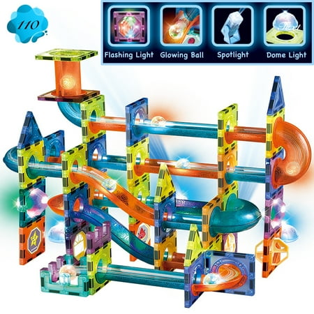 Glowing Magnetic Tiles Building Blocks Marble Run Race Track Set - 110 Complete Pieces Glow in the Dark STEM Light Magnetic Building Blocks and Gravity Maze Games for Toddlers Kids Magnetic Toys