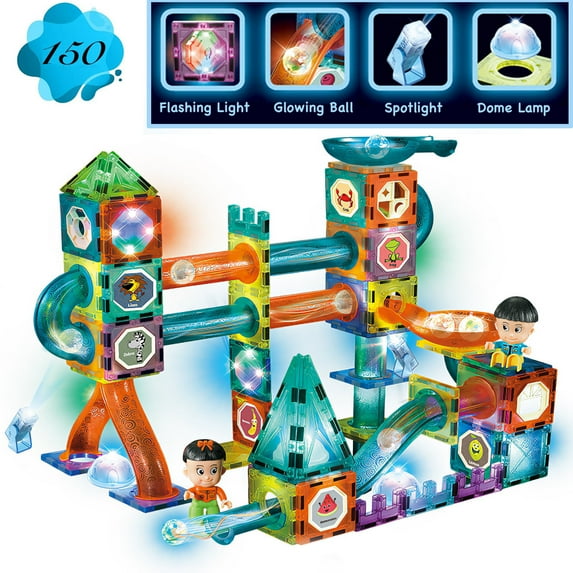 Glowing Magnetic Tiles Building Blocks Marble Run Race Track Set - 150 Complete Pieces Glow in the Dark STEM Light Magnetic Building Blocks and Gravity Maze Games for Toddlers Kids Magnetic Toys
