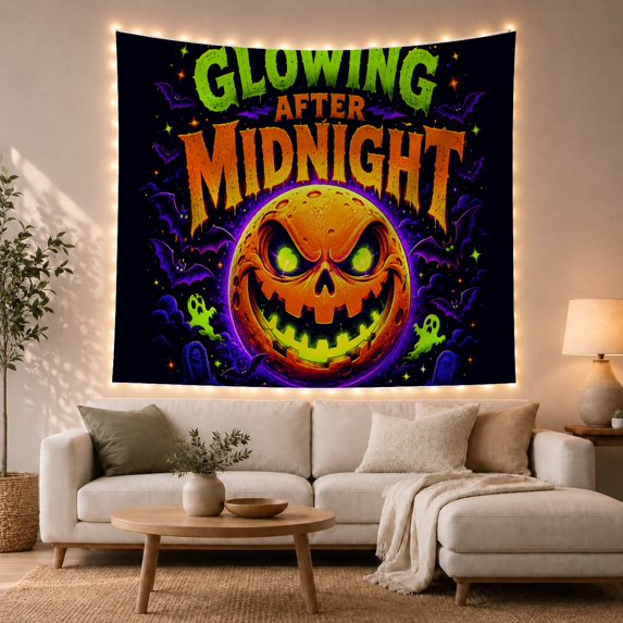 Glowing After Midnight Pumpkin with Bats and Ghosts, Eerie Gothic Style for Halloween Decor Lovers, Pumpkin Wall Art Halloween Gift, Tapestry Wall Hanging for Bedroom and Dorm