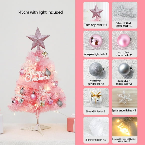 Glowing Mini Christmas Tree, Small Pink Christmas Tree, Artificial Small Desktop Xmas Tree with Lights and Christmas Balls, Little Pink Christmas Tree with Led Lights and Plastic Stand for Home Decor
