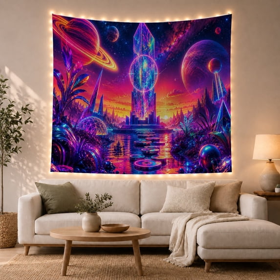 Glowing Monolith in Cosmic Water Landscape Dreamy Psychedelic for Sci Fi Fans Celestial Home Decor Halloween Gift Tapestry Wall Hanging for Bedroom and Living Room
