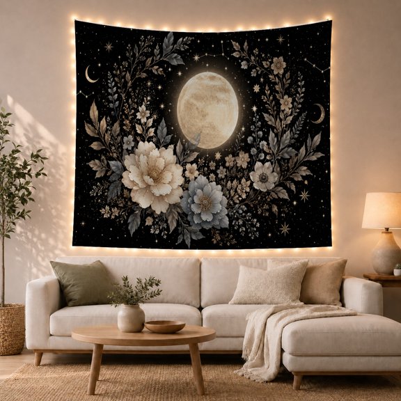 Glowing Moon with Botanical Flowers on a Starry Night, Dreamy Celestial for Astronomy Lovers, Mystical Nature Wall Art, Birthday Gift, Tapestry Wall Hanging for Bedroom and Living Room