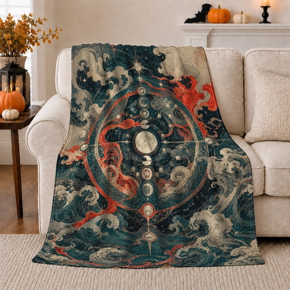 Glowing Moon Phases Celestial Mystical Starry Sky, Peaceful Celestial Art Scene, Warm Flannel Blanket for Living Room and Bedroom, Celestial Art Lovers Valentine's Day Gift, Celestial Home Decor