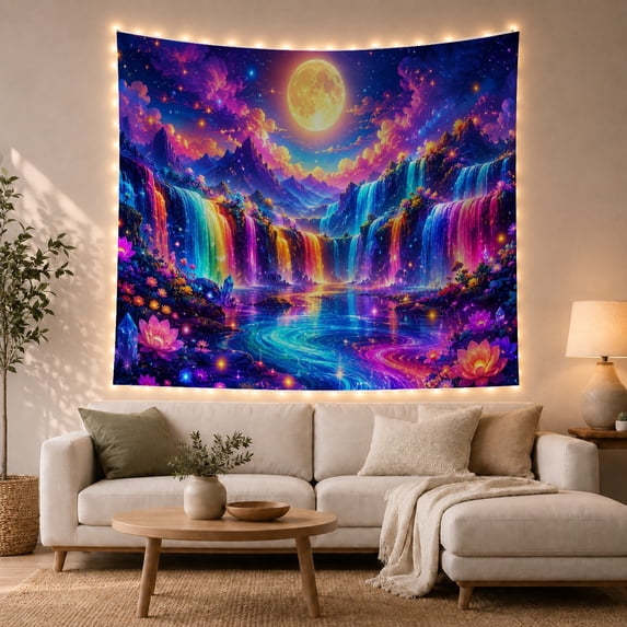 Glowing Moon Over Waterfalls In Starry Sky, Dreamy Fantasy For Nature Lovers, Mystical Wall Art Decor, Birthday Gift Tapestry Wall Hanging for Bedroom and Living Room