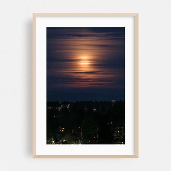 Glowing Moonrise Over Portland - Portland Oregon Photography Moon Night Sky Landscape Cityscape Scenic Mystical Oak Framed Wall Art Print 5 x 7 inches