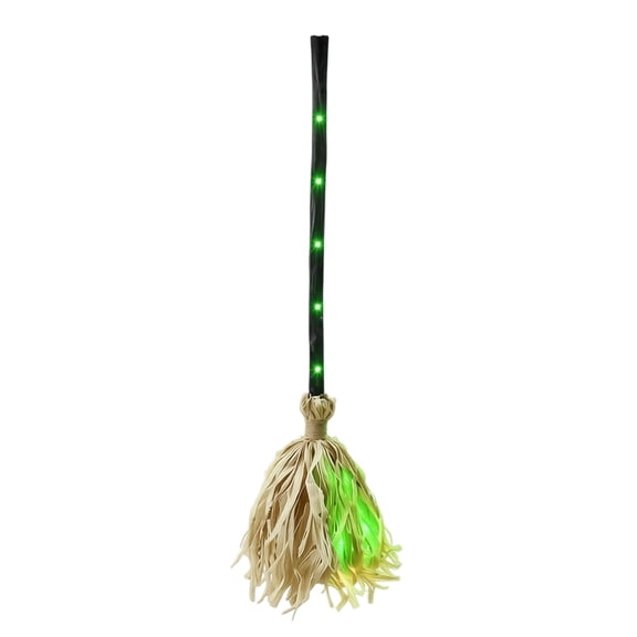 Glowing Moving Witch Broom Halloween Decoration with LED Light String, Magic Broomstick Role Play Prop for Party Yard and Home, Festive Lighted Witch Broom for Holiday Fun Decor