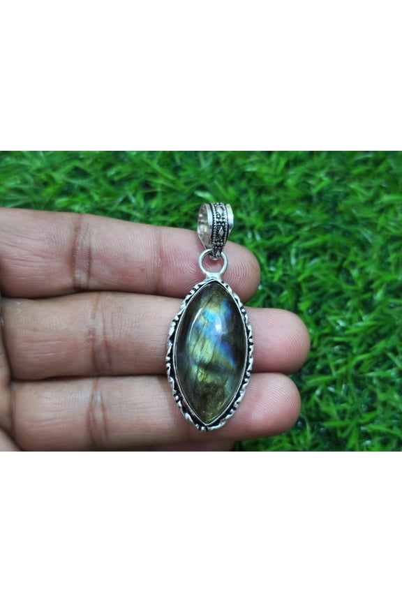 Glowing Multi Labradorite Cabochon Gemstone Handmade 925 Sterling Silver Pendant 33 mm