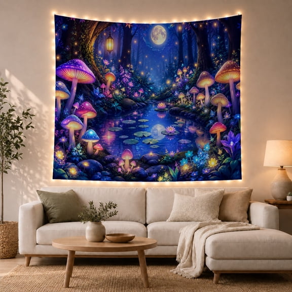 Glowing Mushroom Forest with Stream and Full Moon, Dreamy Fantasy for Mushroom Lovers, Forest Wall Art, Housewarming Gift, Tapestry Wall Hanging for Bedroom and Living Room