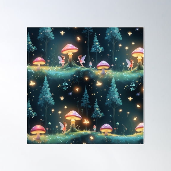 Glowing Mushroom Magic – Fairies In The Night Forest With Glowing Light & Magic Poster Wall Art, Modern Wall Decor, 16x16 UNFRAMED